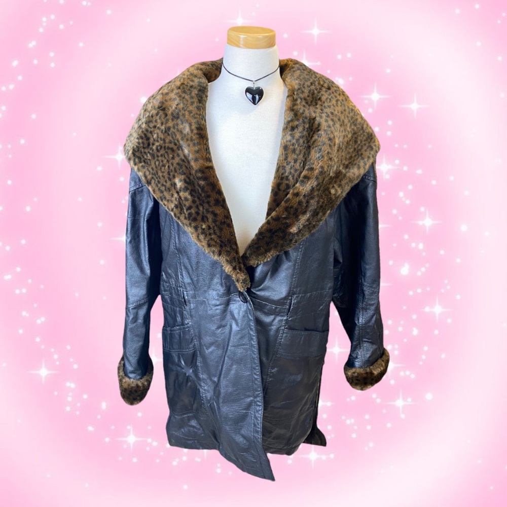Cheetah Fur Trim Leather Coat